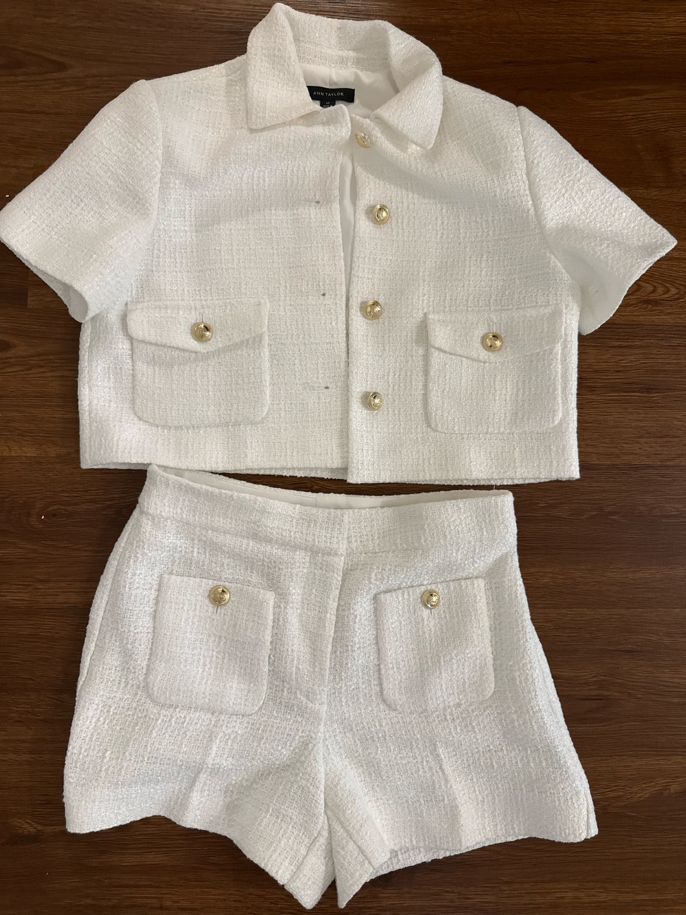 Ann TaylorWhite Tweed Pocket Jacket with Gold Buttons with matching shorts